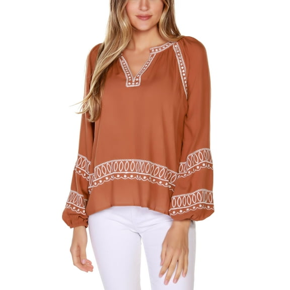 Black Label Petite Embroidered Blouson Split-Neck Top Latte White PL