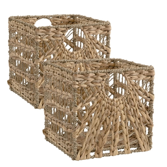 11 inch Wicker Baskets, Handwoven Storage Cubes with Handles, Foldable Rope Basket for Organizing, Natural, 2 Pack