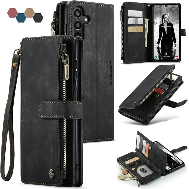 Para Samsung Galaxy A15 5G Funda tipo billetera con Tarjetero Soporte de Pie Bolsillo Magnético con Cremallera Correa de Cordón, Funda Tipo Billetera de Cuero con Tapa