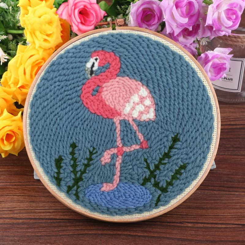 2 Pack Easy DIY Punch Needle Kits Embroidery Kits Set for Starter Kits with Stamped Color Pattern with Instruction,Yarn and Embroidery Wooden Handle Needle Pen (Flamingo & Alpaca)