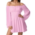 thumbnail image 2 of Laqbezok Women's Off Shoulder Ruffle Mini Dress, Long Lantern Sleeve Smocked Waist Sundress, Solid Color Casual A-Line Dress for Party Club, 2 of 8