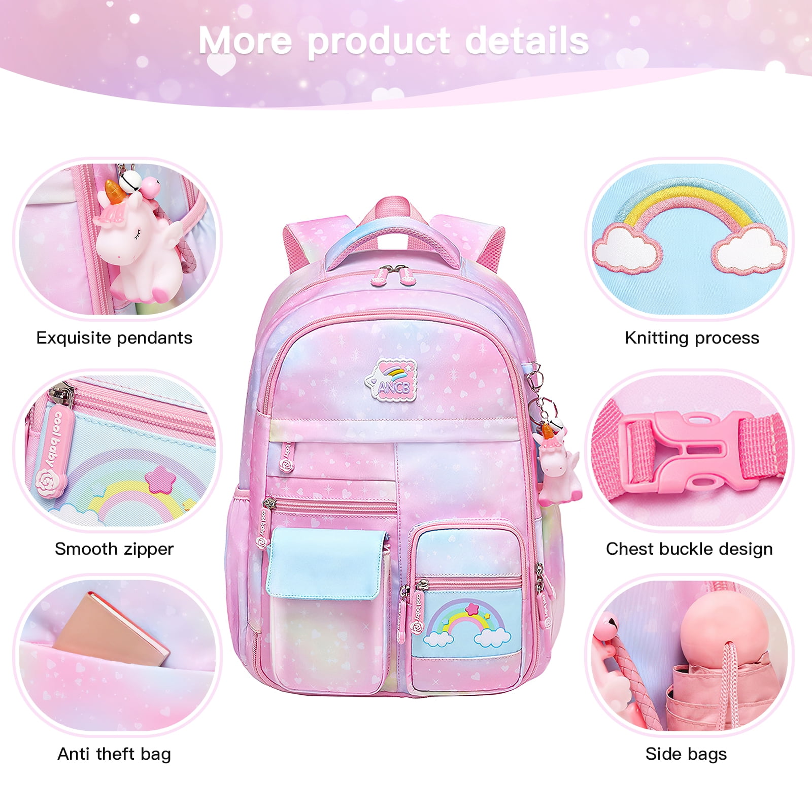 Kadyn Girls Backpack, Waterproof Princess School Backpacks for Teen Girl Kid Students, Cute Book Bag with Compartments and Lunch Bag, Pink Kadyn Girls Backpack, Waterproof Princess School Backpacks for Teen Girl Kid Students, Cute Book Bag with Compartments and Lunch Bag, Pink