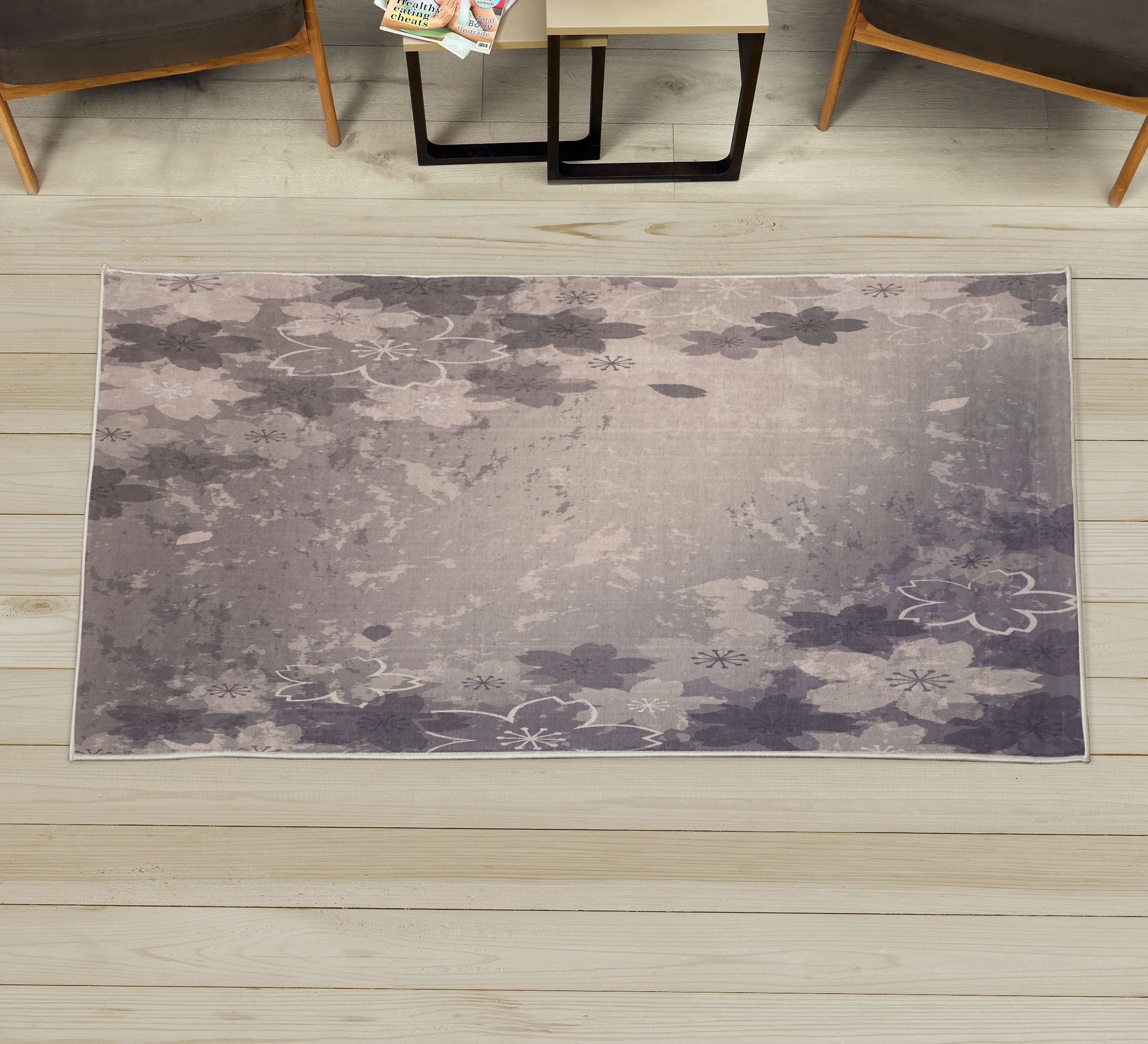Nature Decorative Rug, Cherry Blossoms Pattern in Shabby Form Style ...