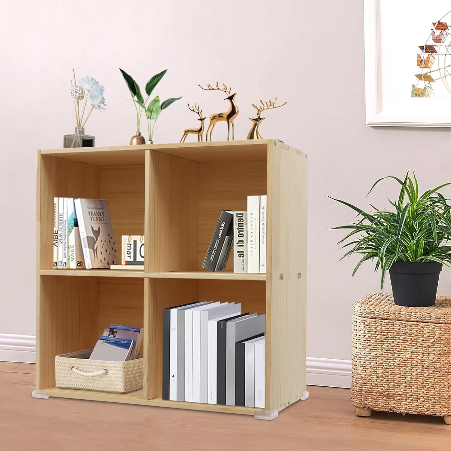Solid Wood Bookcase 6-Cube Shelf, Convertible Vertical/Horizontal Storage Unit, Modern Farmhouse Bookcase with Mortise Tenon Joints, Natural Wood Color (6-Cube)