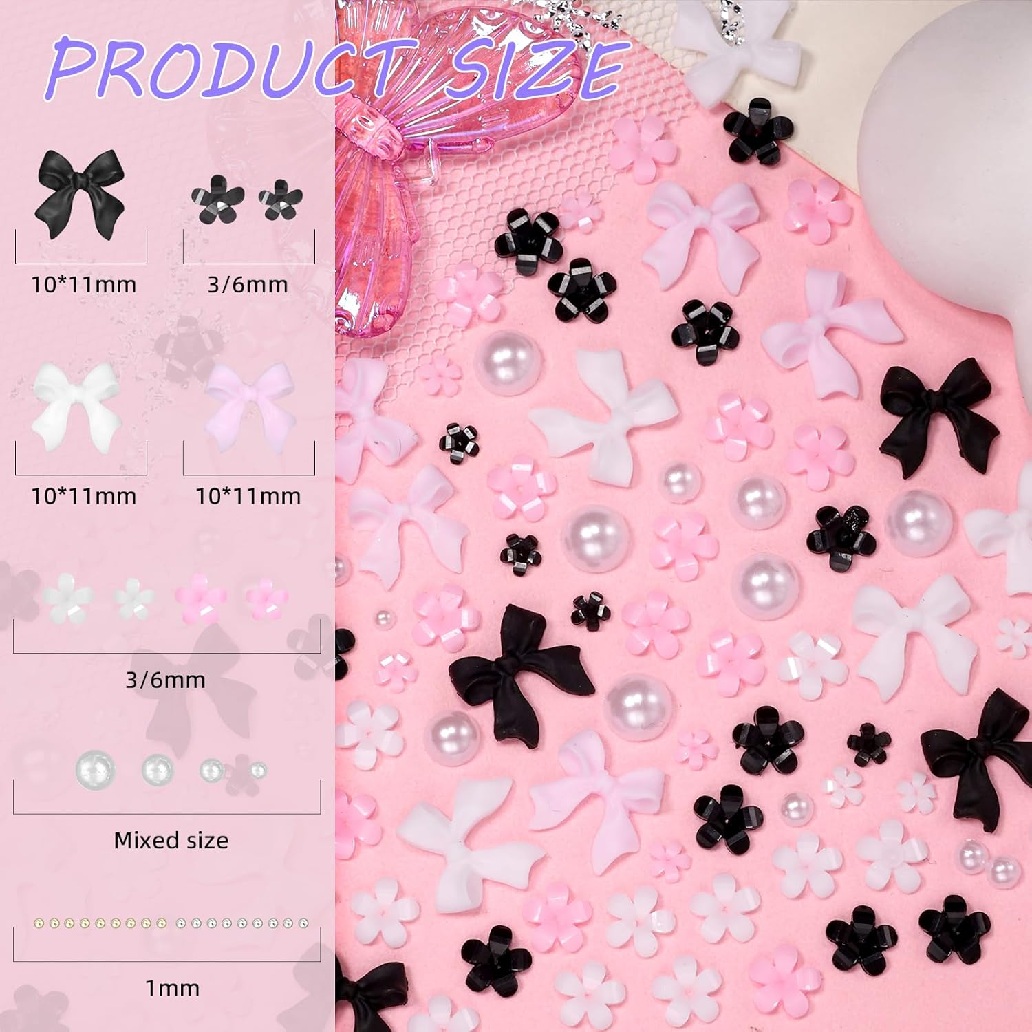 3D Bow Nail Charms and Gems, Pink Black Bows Flower Nail Art Charms Alloy Bows for Nails, Mixed Nail Gems Rhinestones Bowknots Caviar Beads Charms for Nails DIY Nail Art Accessories