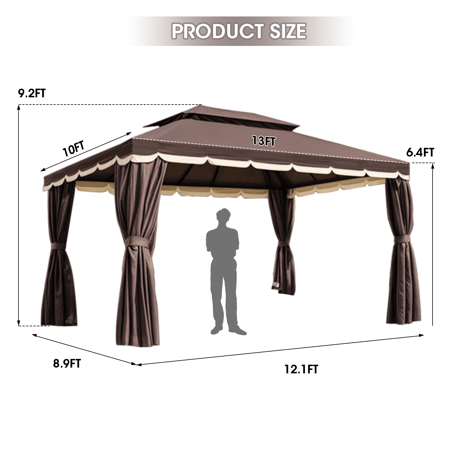 Gaptain 10×12 FT Deluxe No Screws Gazebo,Double Roof Outdoor Shelter Tent with Mosquito Nettings and Privacy Screens, Brown