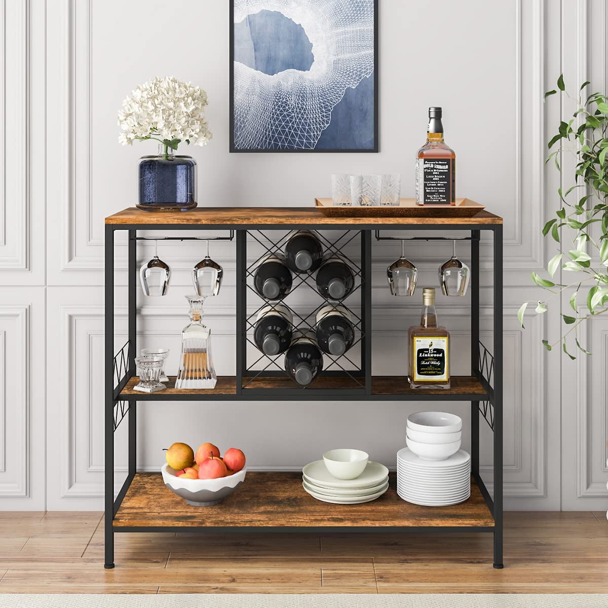 Bar Cart Kitchen Grill Island Rolling Serving Carts with 3 Tier Storage Shelves Wine Glass