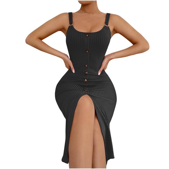 Elainilye Fashion Bodycon Dresses for Women Casual Round-Neck Sleeveless Straps Solid Color Loose Vest Sling Dress,Black
