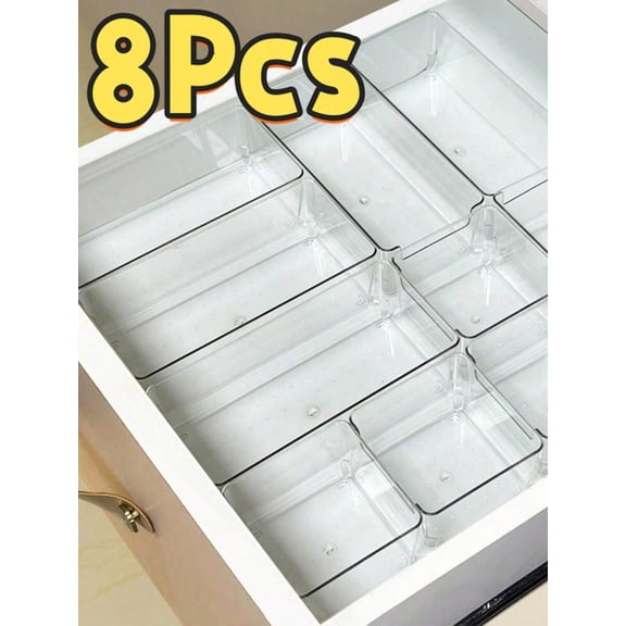 8-Pack Clear Acrylic Drawer Organizer Set - Stackable Divided Storage Bins for Makeup, Bathroom & Kitchen