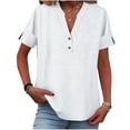 thumbnail image 4 of Helii Women's V Neck Half Button Short Sleeve Shirt Cotton Linen Blend Loose Fit Curved Hem Casual Henley Tops for Summer Daily Work Vacation Beach 7 Solid Colors, 4 of 9