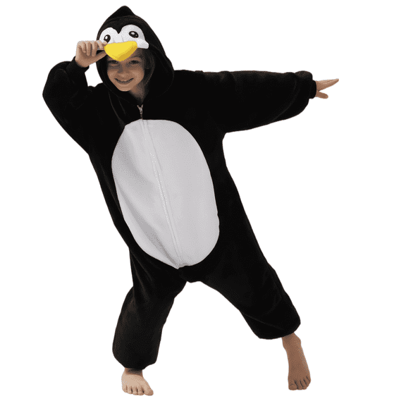 ABOYIART Unisex Kids Penguin Hooded Onesie Pajamas, Soft Flannel One Piece Sleepwear with Giant Pockets, Boys Girls Cosplay Homewear