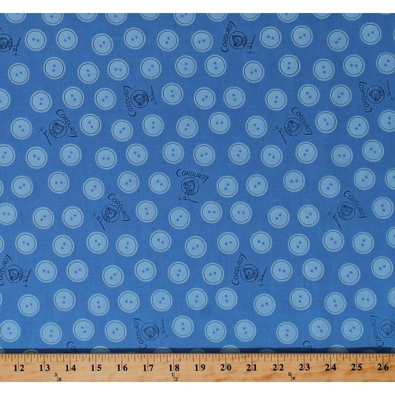 Cotton (Corduroy the Teddy Bear) Buttons Kids Children's Book Character Don Freeman Blue Organic Cotton Fabric Print by the Yard (157402)