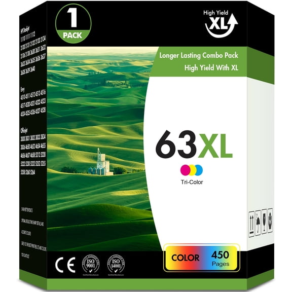Compatible for HP 63XL Ink Cartridge 63 XL 63 Ink Cartridges for Officejet 3830 4650 5255 3832 Envy 4520 4512 4516 Deskjet 1112 3630 3634 3639 2132 Ink Printer (1 Tri-color)