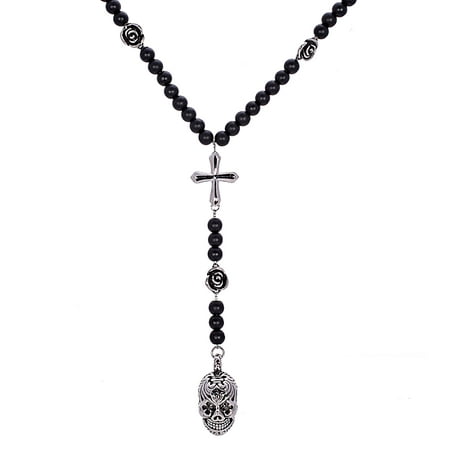 Black Bead Rose Rosary Cross & Skull Necklace in Stainless Steel