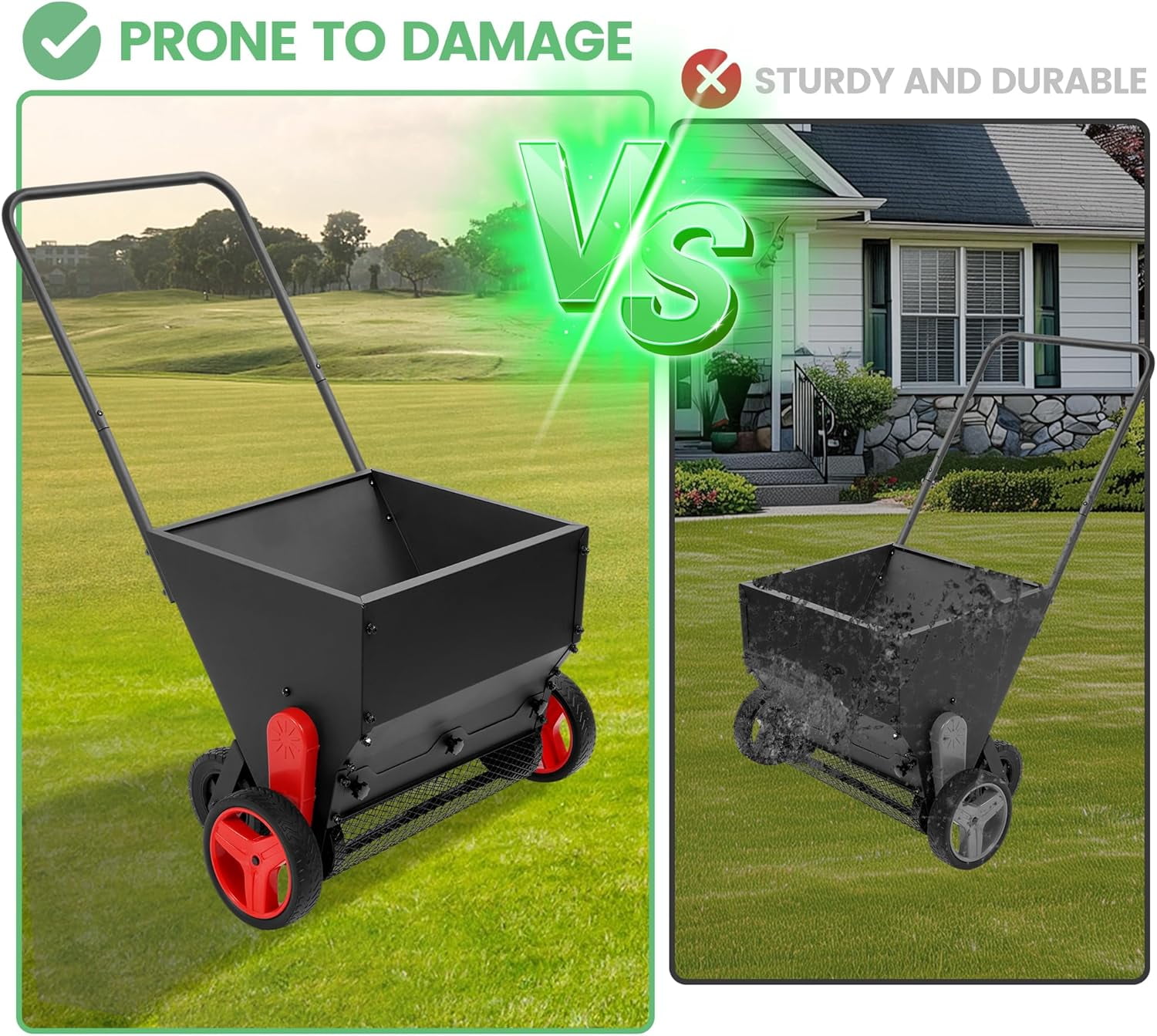Kojem Compost Spreader W/Handle, 4 Wheels, Adjustable Rate Suitable for Lawn, Farm, Landscraping, Lawn Drop Spreader, Topdresser Push Garden Seeder Garden Tool Cart for Fertilizer, Grass, Seed