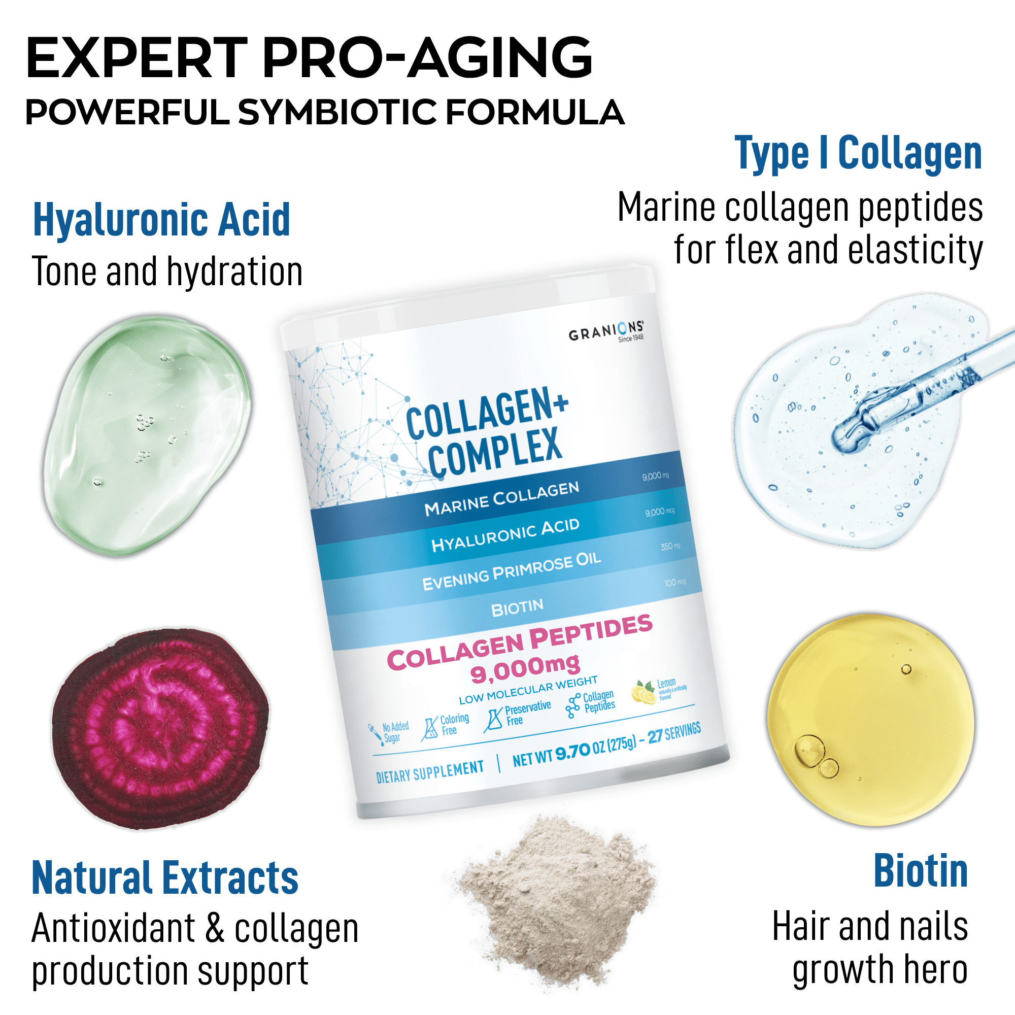 GRANIONS Marine Collagen Peptides Powder Lemonade, Hyaluronic Acid + Biotin + Vit C, 275g