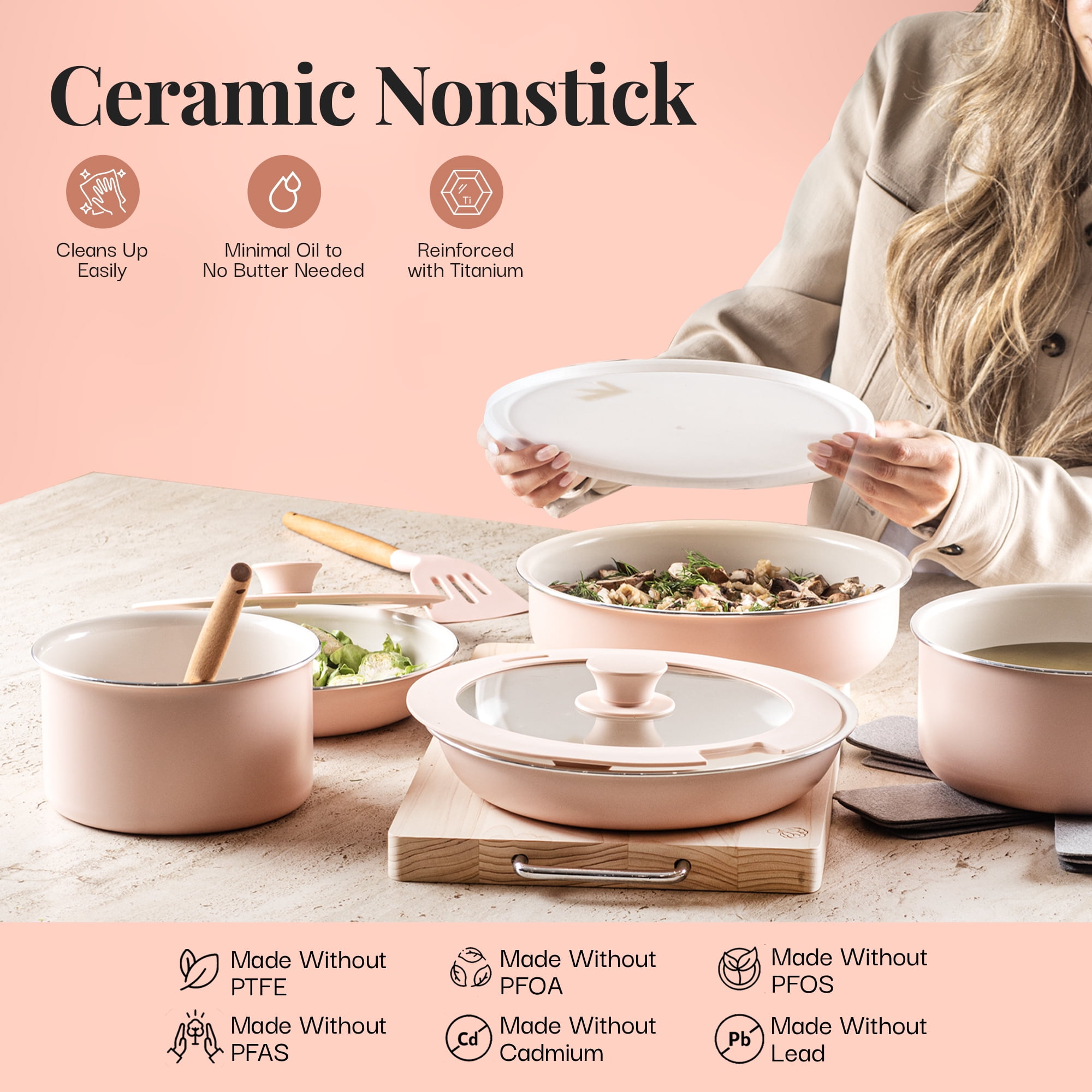 Gotham Steel 18 Pcs Pots and Pans set Non Stick, Ceramic Pan Cookware Set W/ Detachable Handle, RV Kitchen Cooking Set with Secure Lock Removable Handles, Oven Safe Nonstick Pan Set, Pink