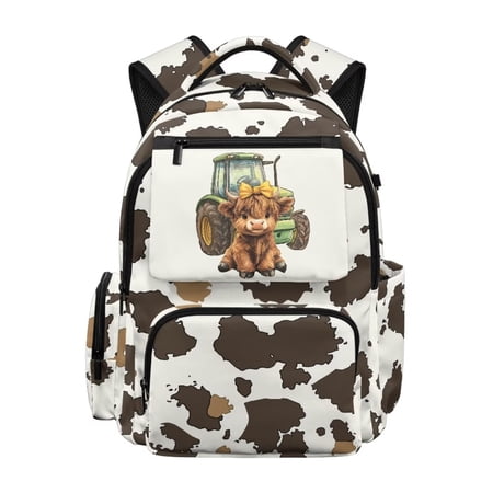 FKELYI Brown Highland Cow Print 17 Inch School Backpack for Kids Schoolbag Primary School Daypack with Multi-Pockets Spacious Rucksack Bookbag for Boys Girls Knapsack