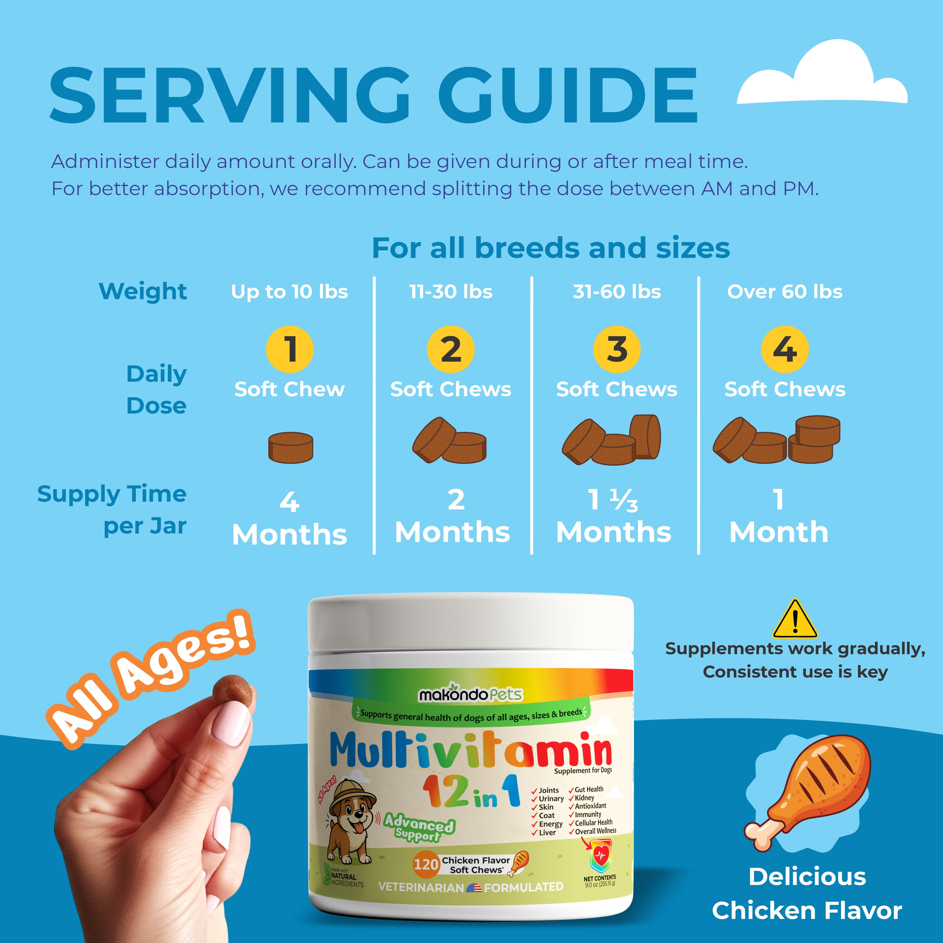 Multivitamin for Dogs  12 in 1, Joint and Digestive Support Supplement, 120 Chews Jar by Makondo Pets