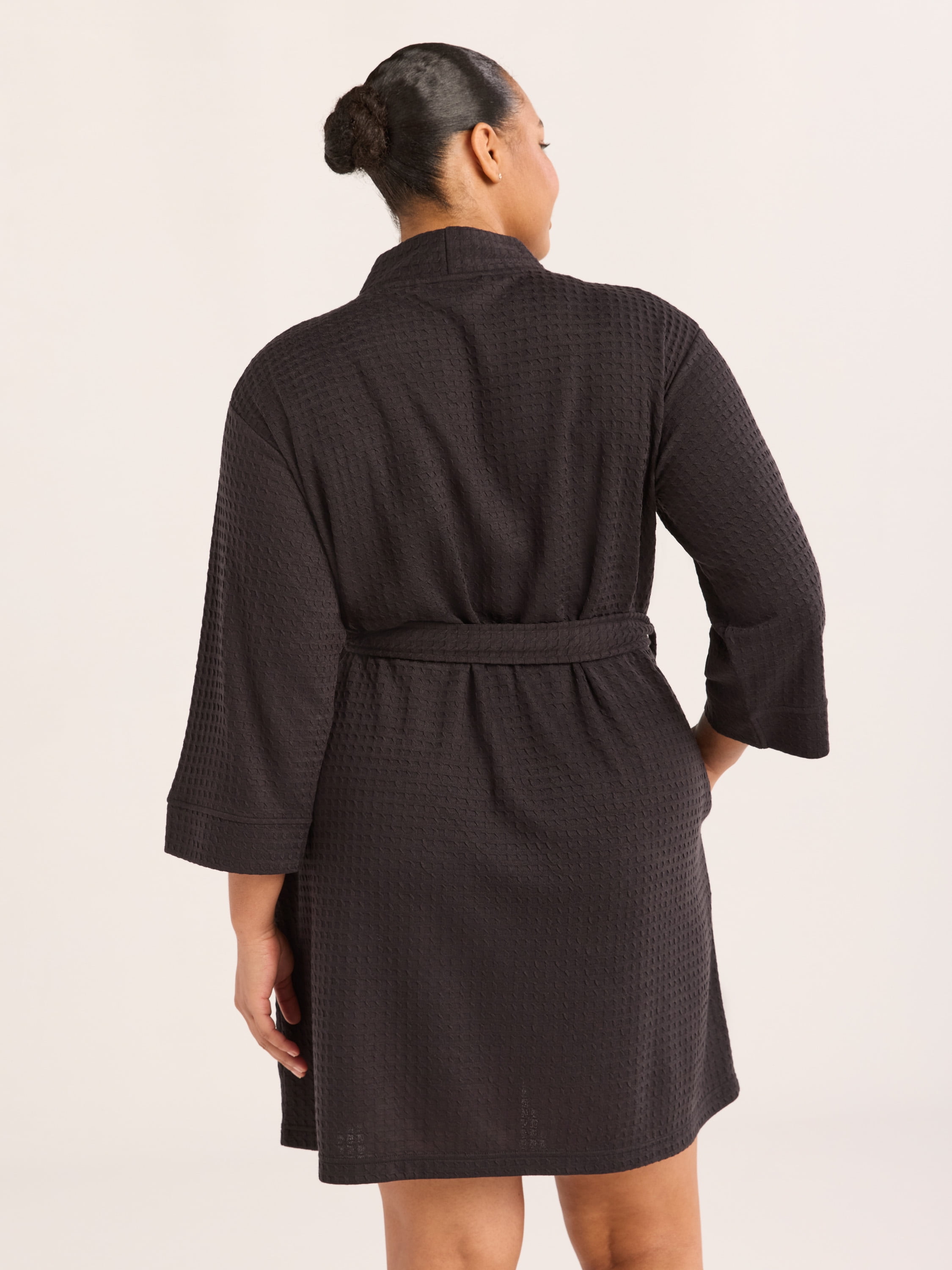 Joyspun Women's Waffle Kimono Short Wrap Robe, Sizes S-3X