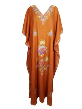 Women Maxi Kaftan Dresses Floral HAND Embroidered Orange Caftan Stay Home Loose Long Dresses 3X