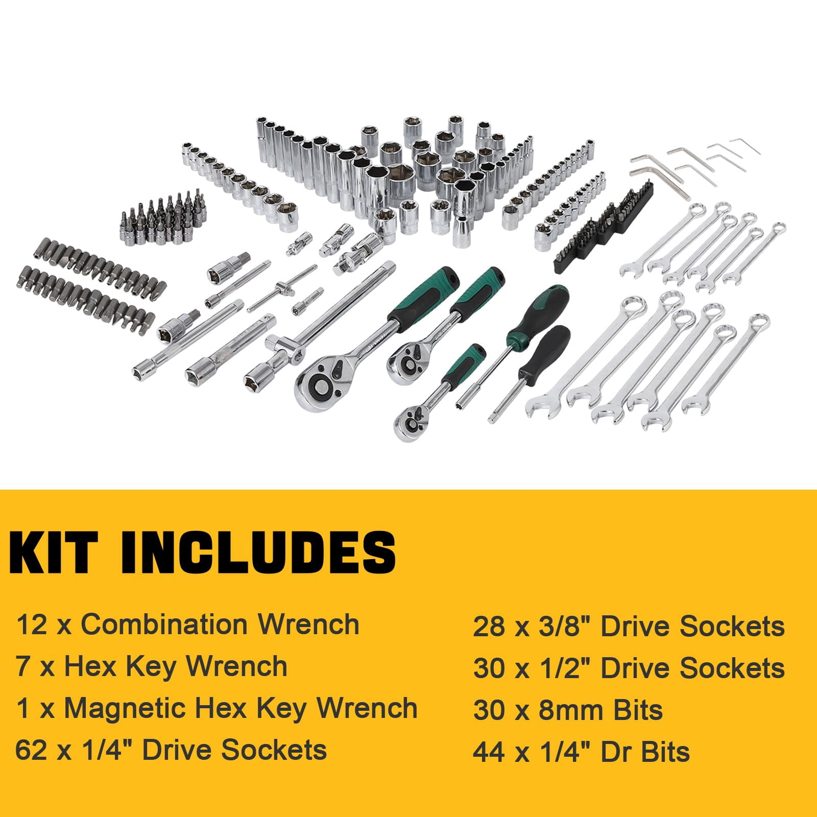 Mechanics Tools Kit and Socket Set, 1/2" ,1/4" & 3/8" Drive, 216-Piece