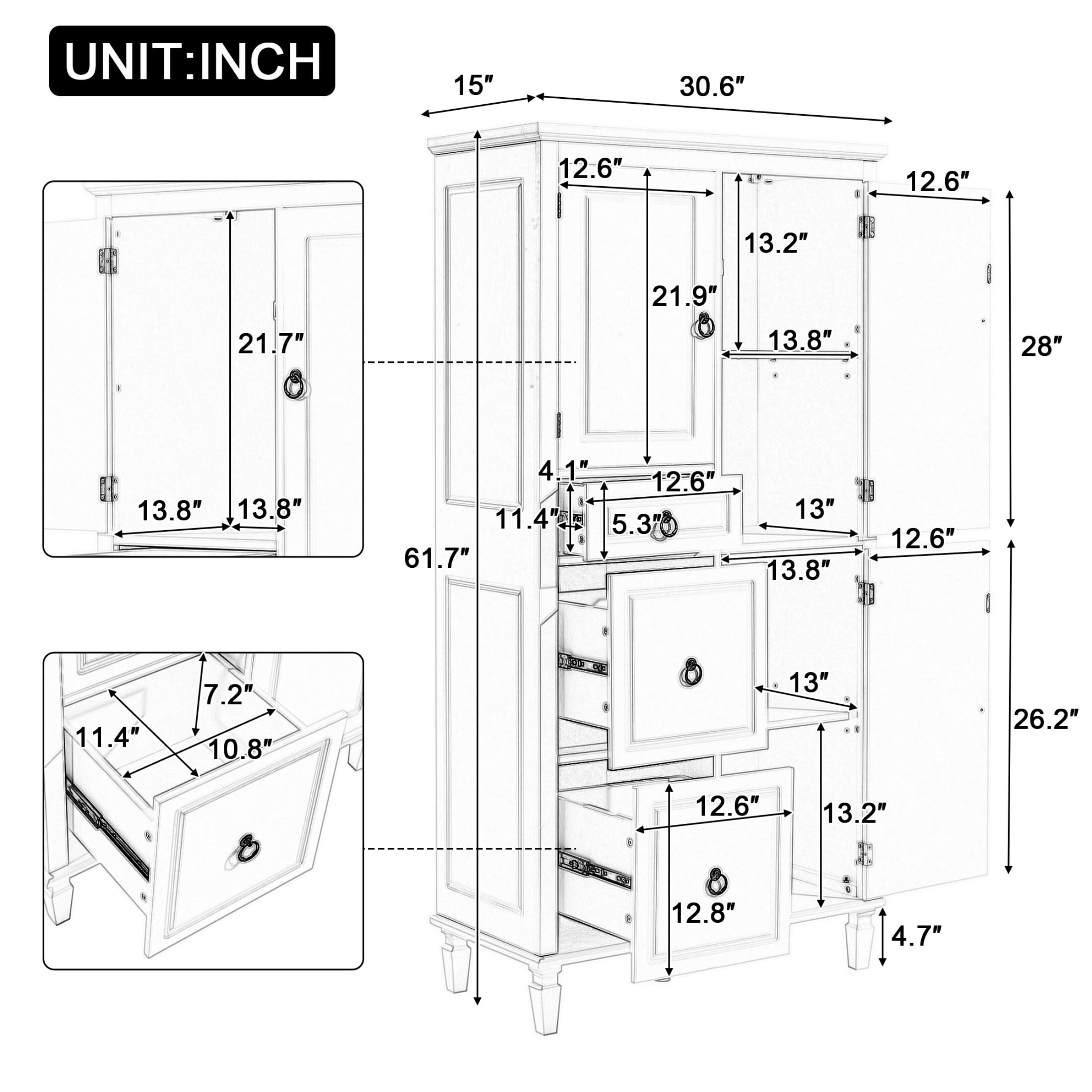 AENKYO 61.7'' Bathroom Cabinet with Adjustable Shelves, Tall Storage Cabinet with 3 Drawers, White