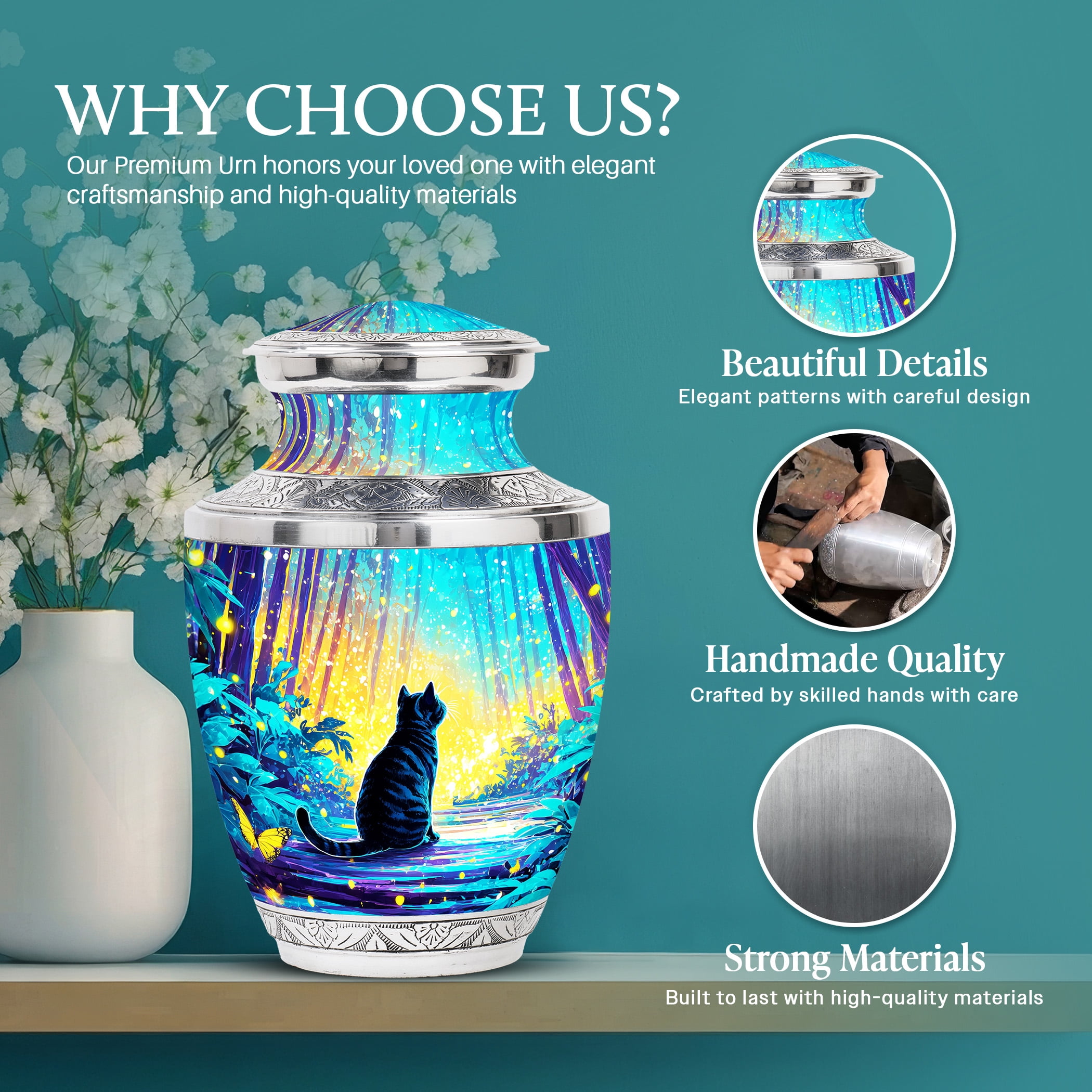 SABURIAL Cat Funeral Decorative Urns - Memorial Urn Human Ash - 10 Inch - Large with Velvet Bag - Unique Urn for Human Ashes - Adult Large Urns for Male & Female - Cremation for Ashes