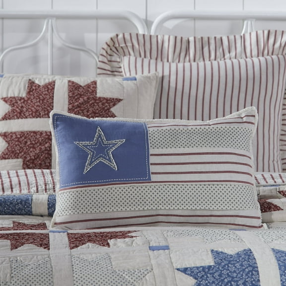 VHC Brands Celebration Farmhouse Throw Pillow, Patchwork Flag, Red Creme Blue, 14x22