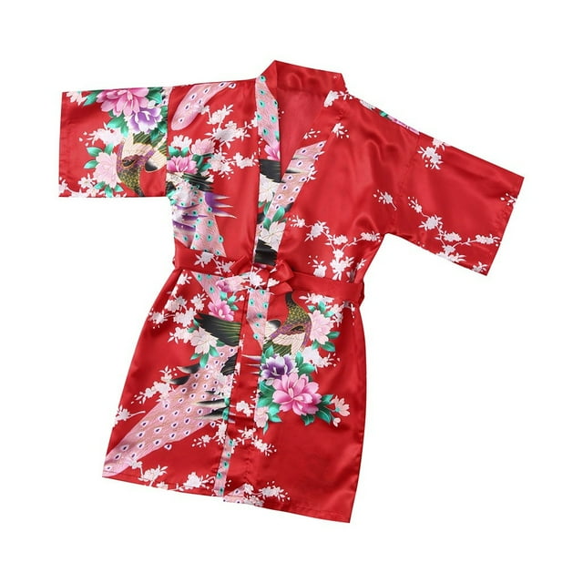 Birdeem Toddler Baby Kids Girls Flower Print Silk Satin Kimono Robes Bathrobe Sleepwear Clothes Coat