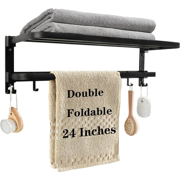 Towel Racks for Bathroom, Foldable Towel Shelf with Towel Bar & 7 Towel Hooks, Rustproof Double Bath Towel Holder Wall Mounted Towel Storage Hanger for Bathroom/Balcony/Lavatory(24In Black)