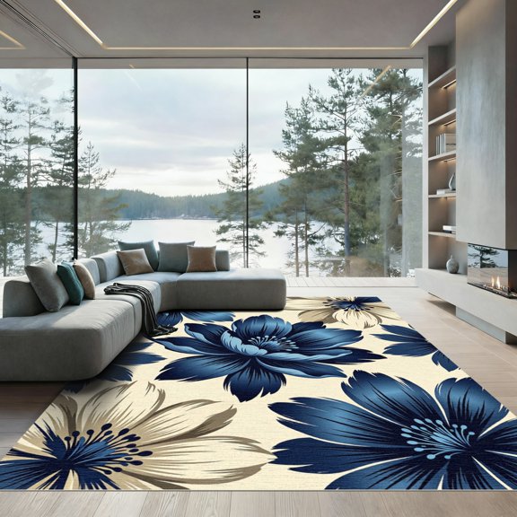 ODIKA 4'x6' Machine Washable Non-Slip Area Rug, Modern Navy Blue High Traffic Rug, Blue, 1169836