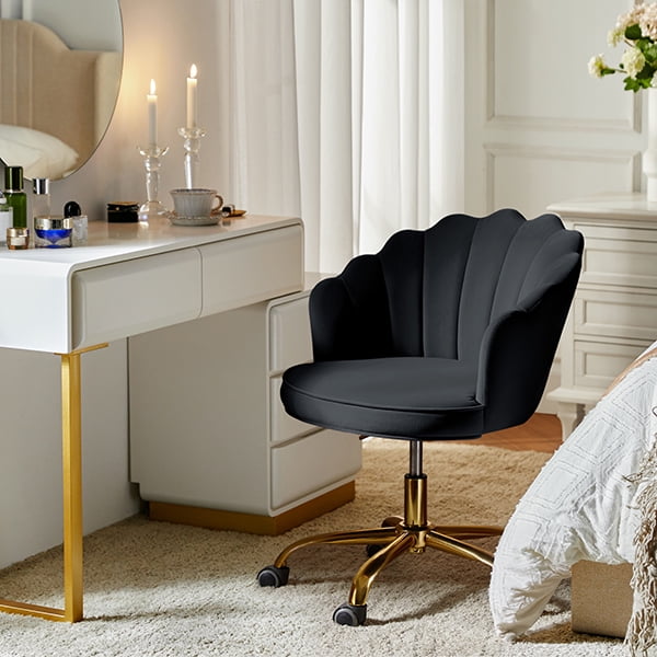 Office Chair Velvet Upholstered Task Computer Desk Shell Makeup Vanity Swivel Adjustable Metal Gold Base Bedroom Black