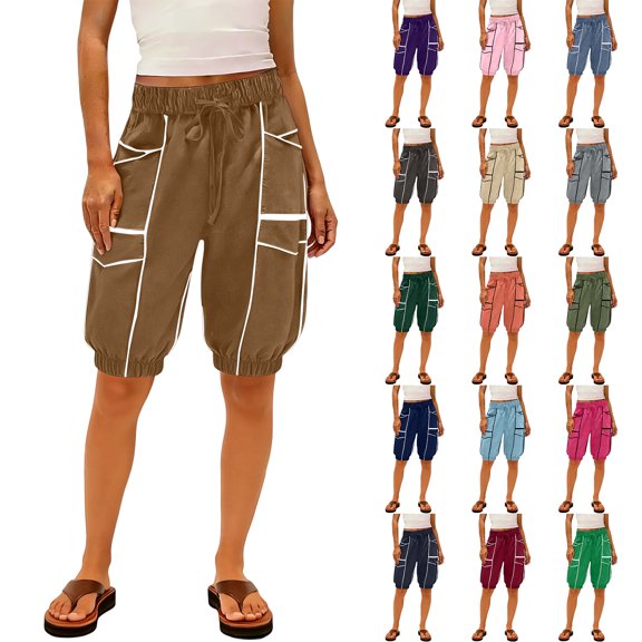 Bermuda Shorts for Women Elastic Drawstring Mid Rise Shorts with Pockets Patchwork Causal Summer Loose Shorts, S