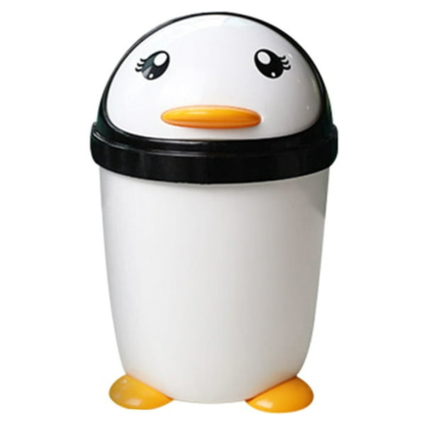 Lindo bote de basura con tapa abatible de pingüino para niños, cesto de basura de plástico para dormitorio, oficina, coche, cocina, hogar, creativo para habitación de niños, uso de escritorio