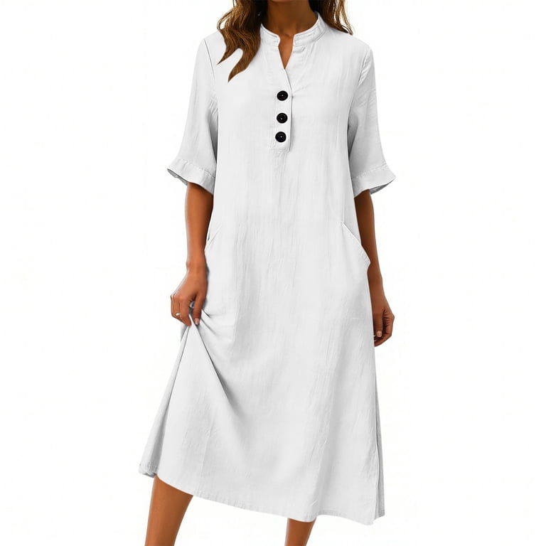 Aohooy Summer Women's Linen Midi Dress Half Sleeve Button Up Stand Collar Beach Vacation Dresses with Pockets White,L, Size: Large Aohooy Summer Women's Linen Midi Dress Half Sleeve Button Up Stand Collar Beach Vacation Dresses with Pockets White,L, Size: Large