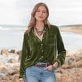 thumbnail image 2 of Hfyihgf Women Retro Velvet Button Down Shirts Long Sleeve Lapel Solid Color Loose Work Office Ladies Pockets Blouse Tops Army Green XXL, 2 of 3