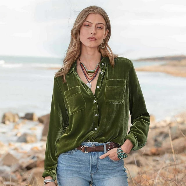 Puntoco Top de color sólido para mujer Top de manga larga de terciopelo dorado retro Top de manga larga con cuello en V / Camisa Puntoco Puntoco-881