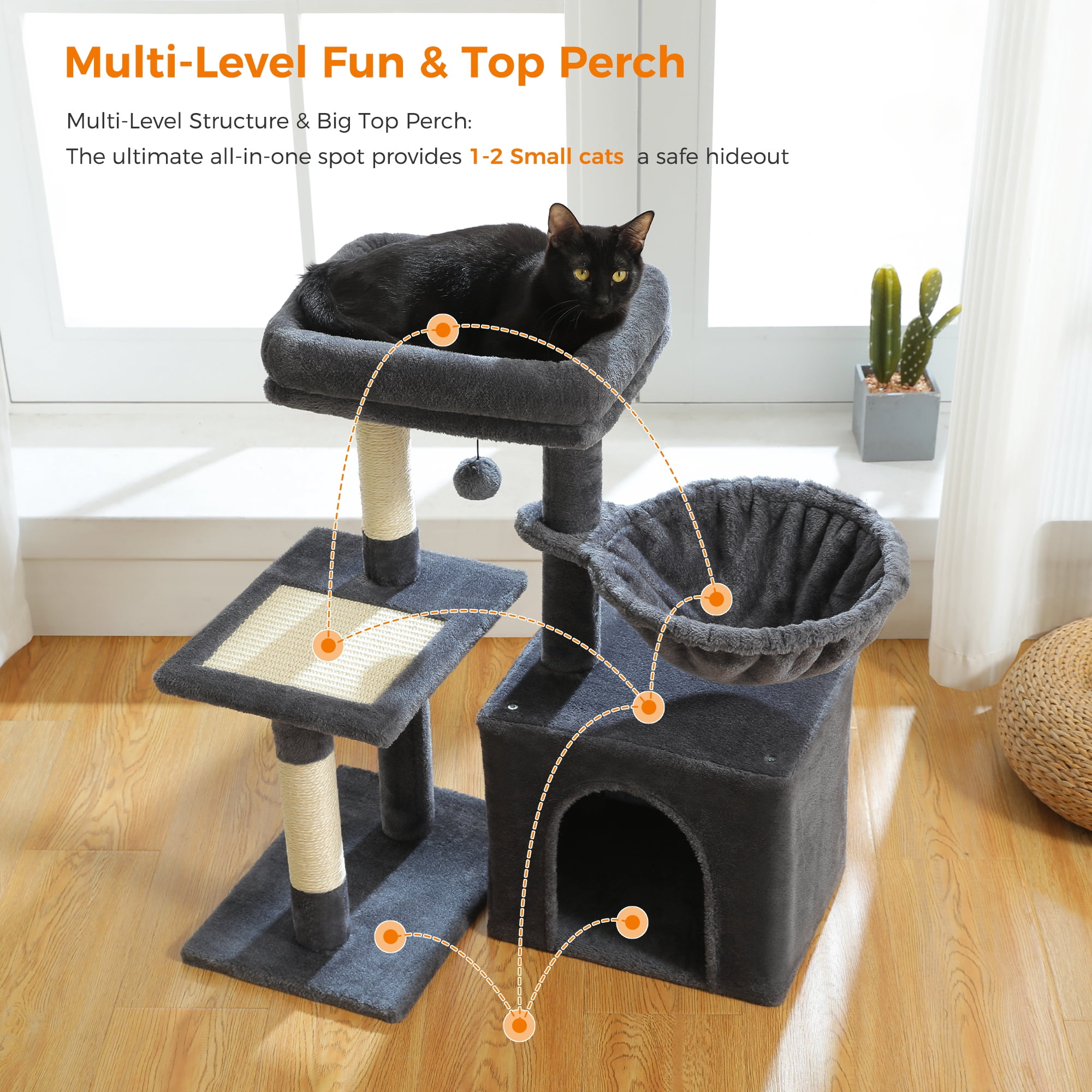PAWZ Road 28" Small Cat Tree Tower Condo with Perch, Scratching Post for Indoor Cats, Dark Gray