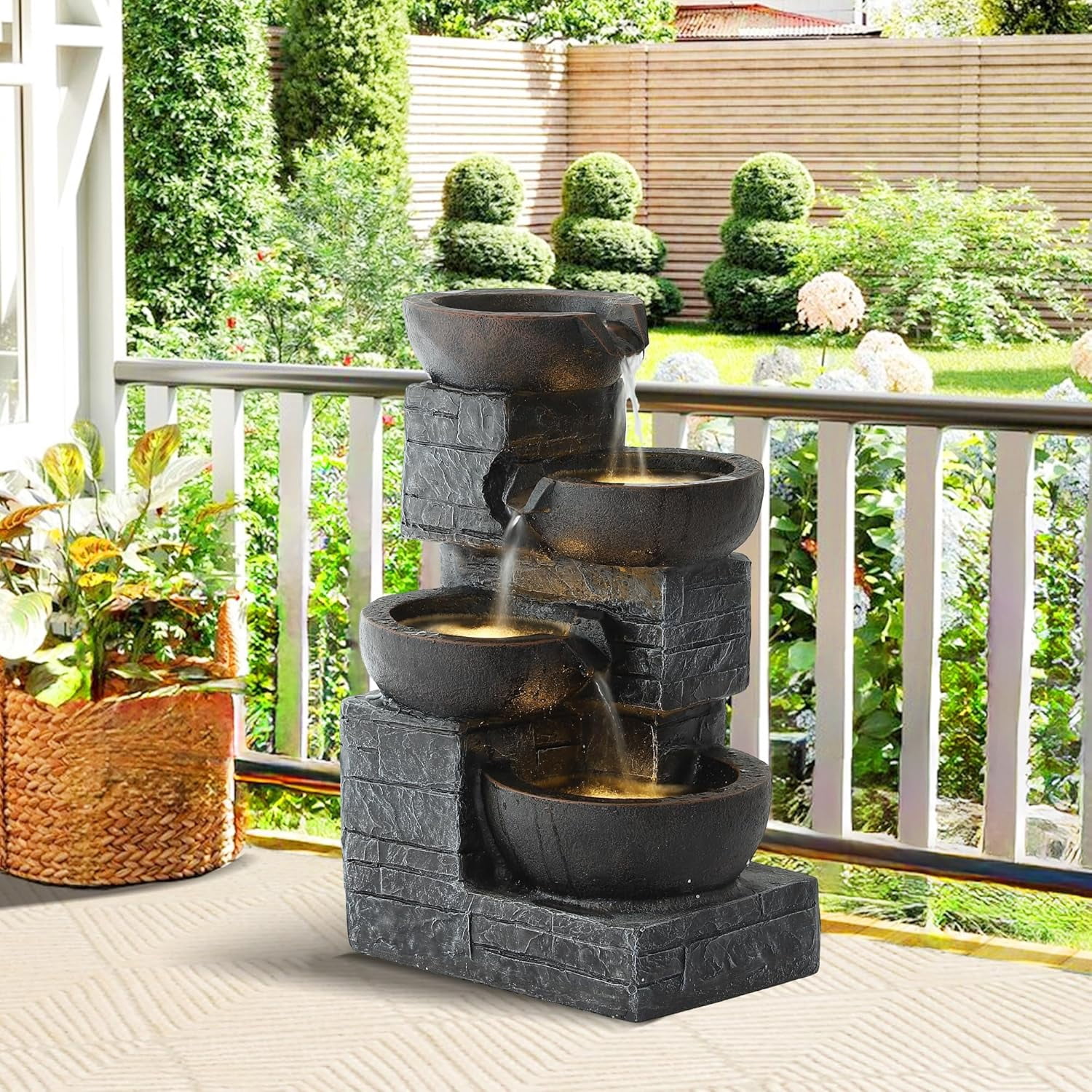 Magic Union Outdoor Water Fountain, 4-Tier Cascading Rock Bowls Waterfall Fountains w/LED Lights for Garden Yard Decor, Indoor Floor-Standing Resin Water Feature for Patio Deck Porch and Home