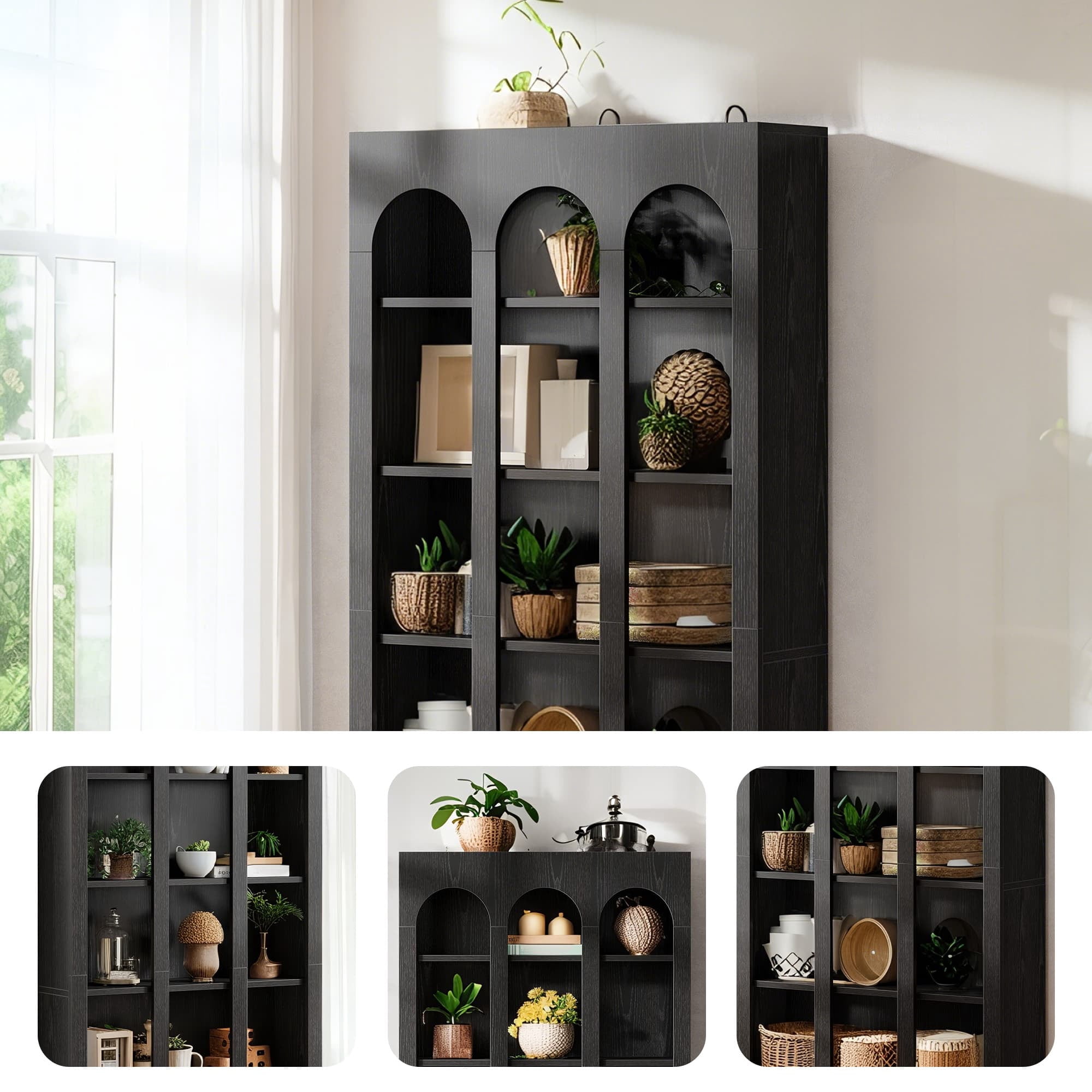 MAYEERTY Vintage Farmhouse Arched 5-Tier Tall Bookcase, 70.8 Inch Wide Curved Top Open Display Storage Shelf