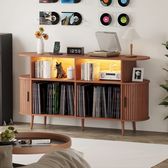 Large Round Record Player Stand with Charging Station & LED Light,Fluted Vinyl Record Storage Cabinet,Mid Century Modern Sliding Doors Turntable Stand with Open Shelves Holder for Bedroom Living Room