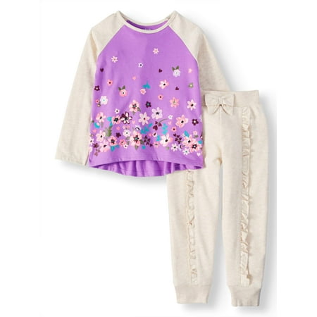 Long Sleeve Hi Lo Raglan & Jogger Pants, 2pc Outfit Set (Toddler Girls)
