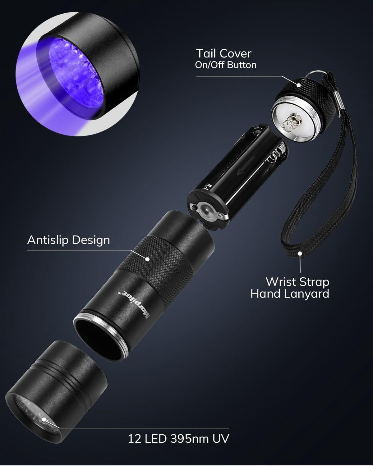 UV Blacklight Flashlights, 12 LED 395nm Ultraviolet UV Flashlight, 2 PCS Blacklight Mini for Pet Urine Detection, UV Light for Stains, Bed Bugs, Resin Curing, Scorpions (Batteries Included)