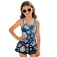 thumbnail image 4 of COEQINE Girls Tank Neck One Piece Swimsuit with Skirt & Liner, Sleeveless Wide Straps V-Back Summer Swim Dress for Swim Lessons & Water Play, Ages 3-4, Vintage Coral Fish Blue, 4 of 8