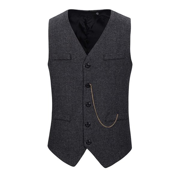 Vest for Men, Sleeveless Solid Color Medieval Button Front with Fake Pockets, Polyester-Elastane Blend, Black, Size L
