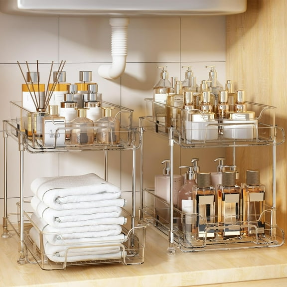 PHANCIR 2-Pack Under Sink Organizer Storage, 2-Tier 11.4" Tall Under Sink Storage Organizer, Clear
