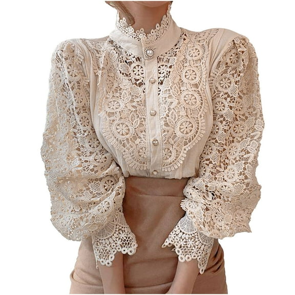Honeeladyy Sales Women Lace Top Vintage Pearl Buttons Turtleneck Long Sleeve Shirts Renaissance Blouse Elegant Floral Lace Tunic Tops