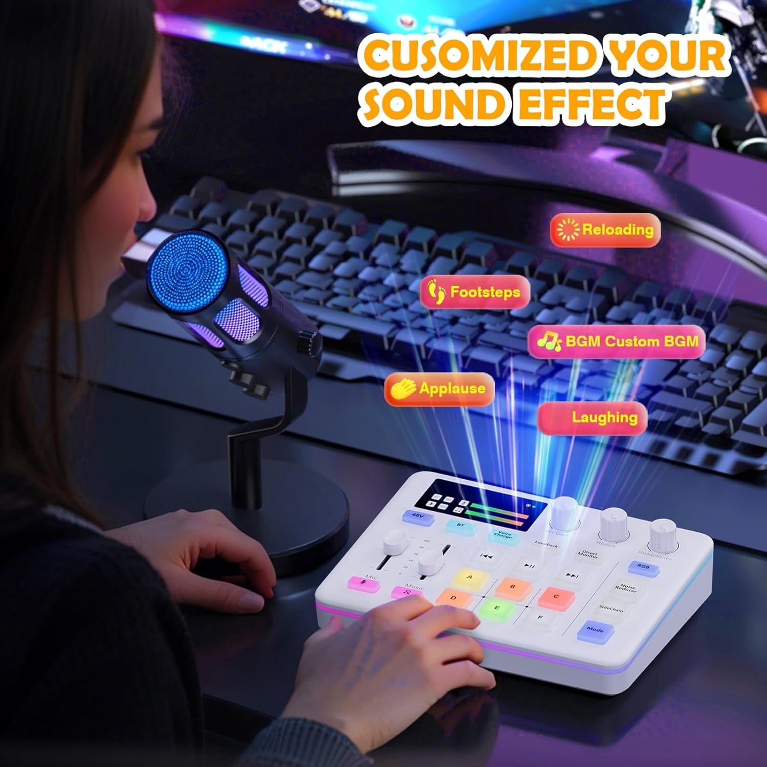 Audio Mixer, Live Sound Card, Voice Changer Kit with RGB Audio Interface,Pro-preamp, Bluetooth Streaming PC Mixer with XLR/48V Phantom Power for Live Streaming,Podcasting,Content Create,Gaming(White)