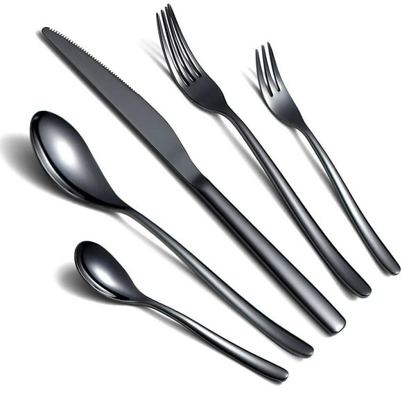 Black Cutlery Set 5 Pieces, Black Stainless Steel Cutlery Set, Black Titanium Coating, Utensil Sets Service Set (Gloss Black)